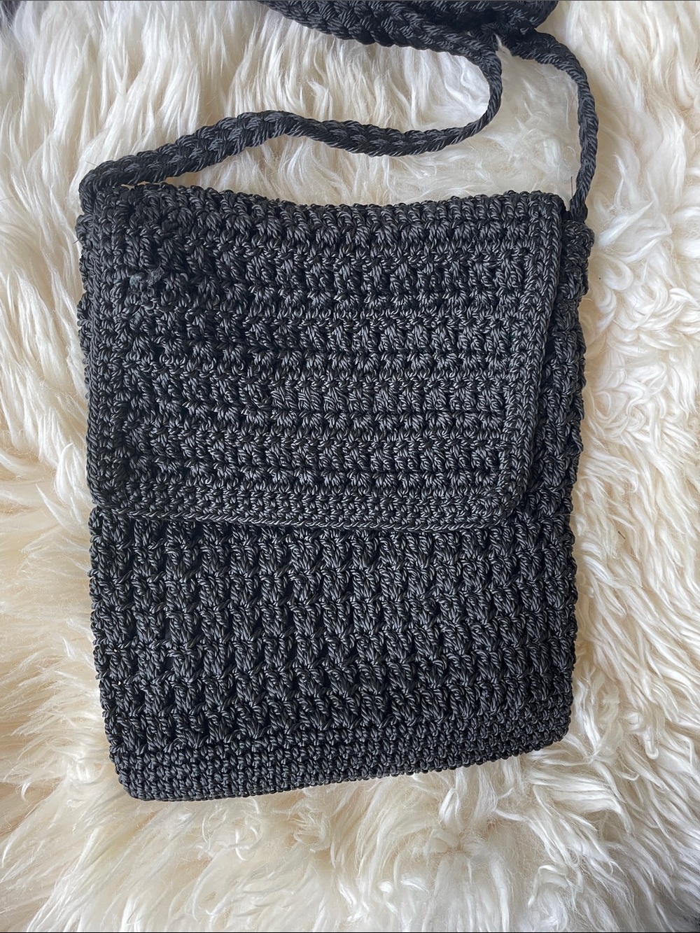 Black Crochet Crossbody Bag with Flap Closure
